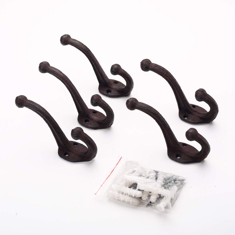 Ambipolar 5-Pack Rustic Wall Hooks - Heavy Duty Cast Iron Vintage Inspired Antique Black for Mudroom, Coat, Purse Rack, Hat - Decorative Hanging - Image 3